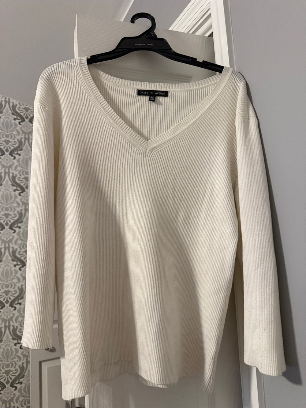 Saks Fifth Avenue Ivory Ribbed V-Neck Sweater